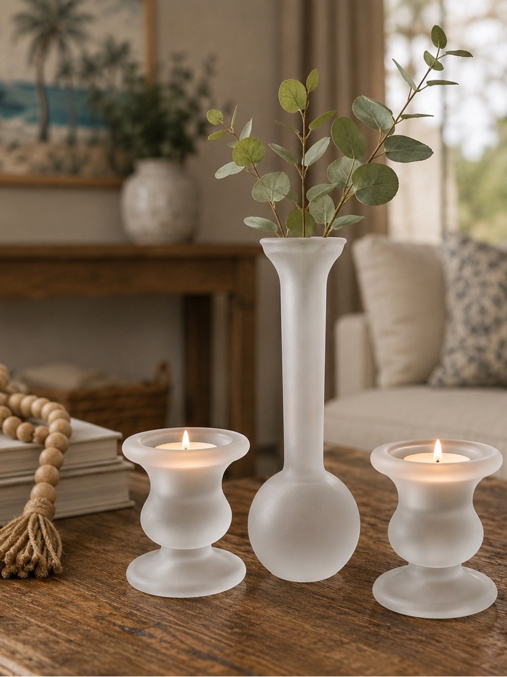 Interpur Brand Mid-Century Frosted Glass Bud Vase and Candle Holder Set